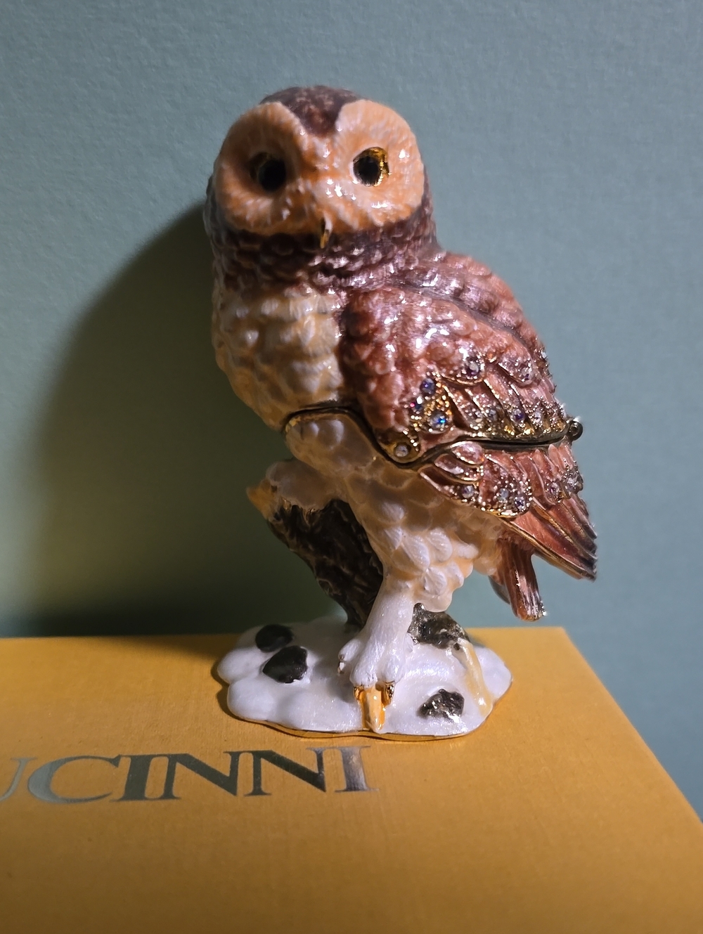 Rucinni Mini Metal and Enamel/ Swarovski Crystal Owl Figurine Trinket Box
